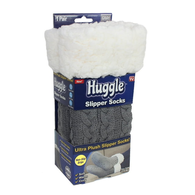 Huggle Socks, Fleece Slipper Crew Socks with Non-Slip Grips, One Size Unisex