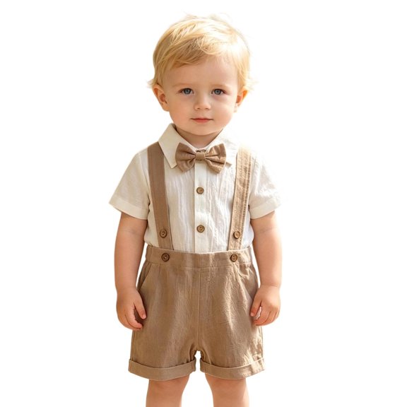 Gtoiithly Toddler Baby Boys Formal Suit Set Short Sleeve Romper Suspenders Shorts Pants Kids Gentleman Outfits Khaki 9-12 Months