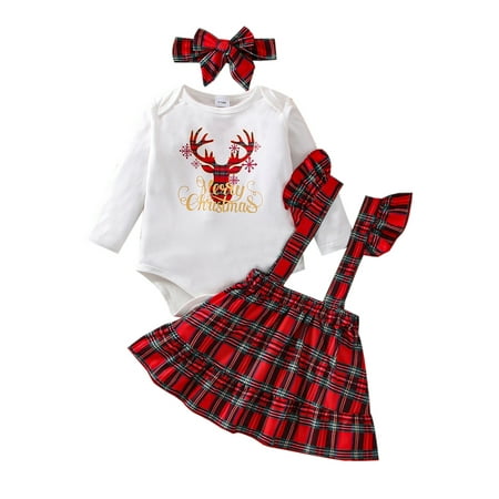 

Bagilaanoe 3Pcs Newborn Baby Girls Christmas Outfits Elk Letters Print Long Sleeve Romper Tops + Plaid Suspender Skirt + Headband 3M 6M 9M 12M 18M 24M Infant Overalls Dress Set