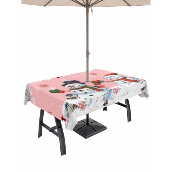 Outdoor Tablecloth with Umbrella Hole and Zipper, Pink Snowman Christmas Rectangle Table Cloth 60x120 Inch Waterproof Tablecloth, Xmas Snowflake Winter Ball Picnic Table Cover for Patio Camping