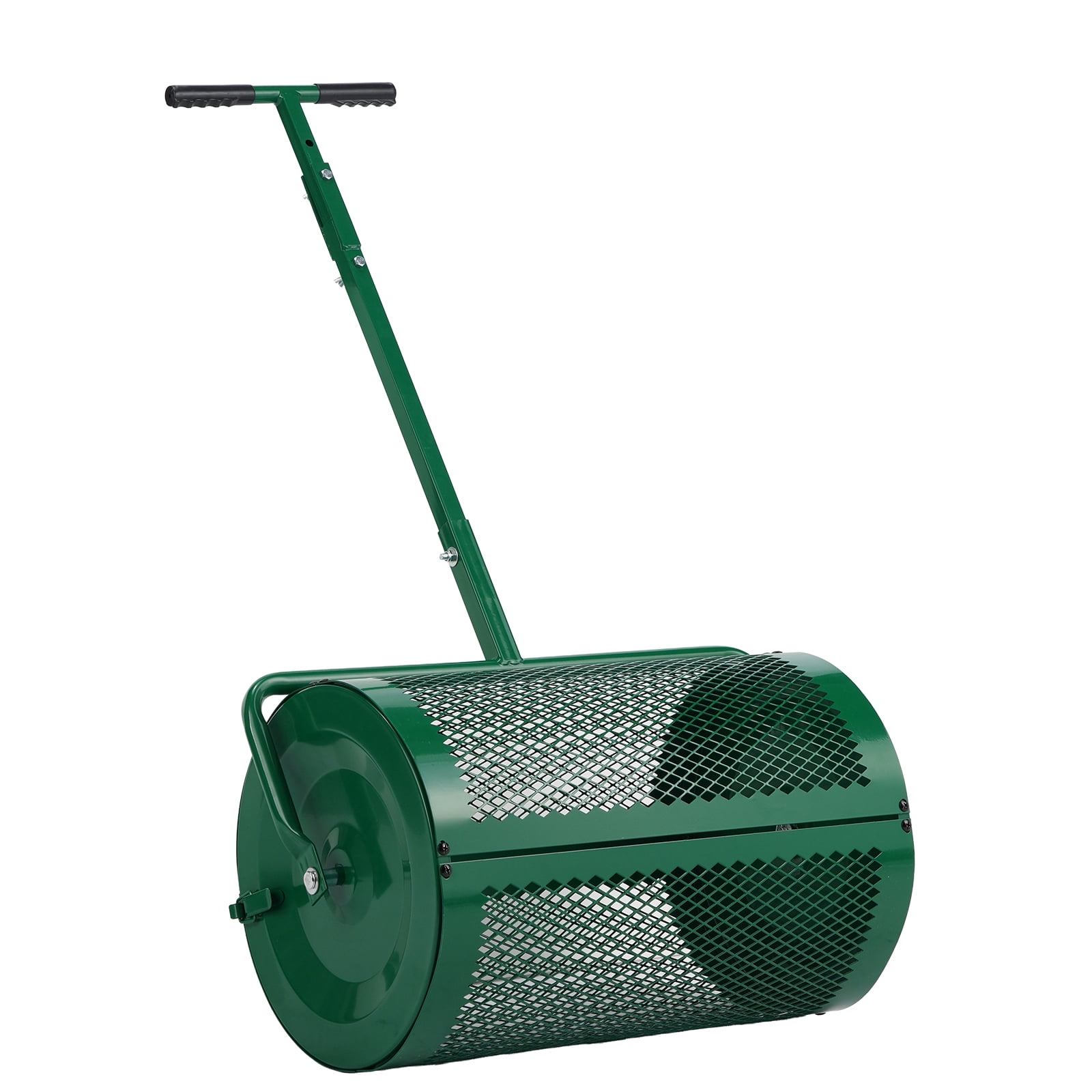 24In Adjustable Handle Compost Peat Moss Spreader Lawn Garden Topdressing Roller Powder Coated Steel Mesh Basket Side Latches Green Rustproof for Manure Topsoil Heavy Duty Outdoor Use Farm Backyard