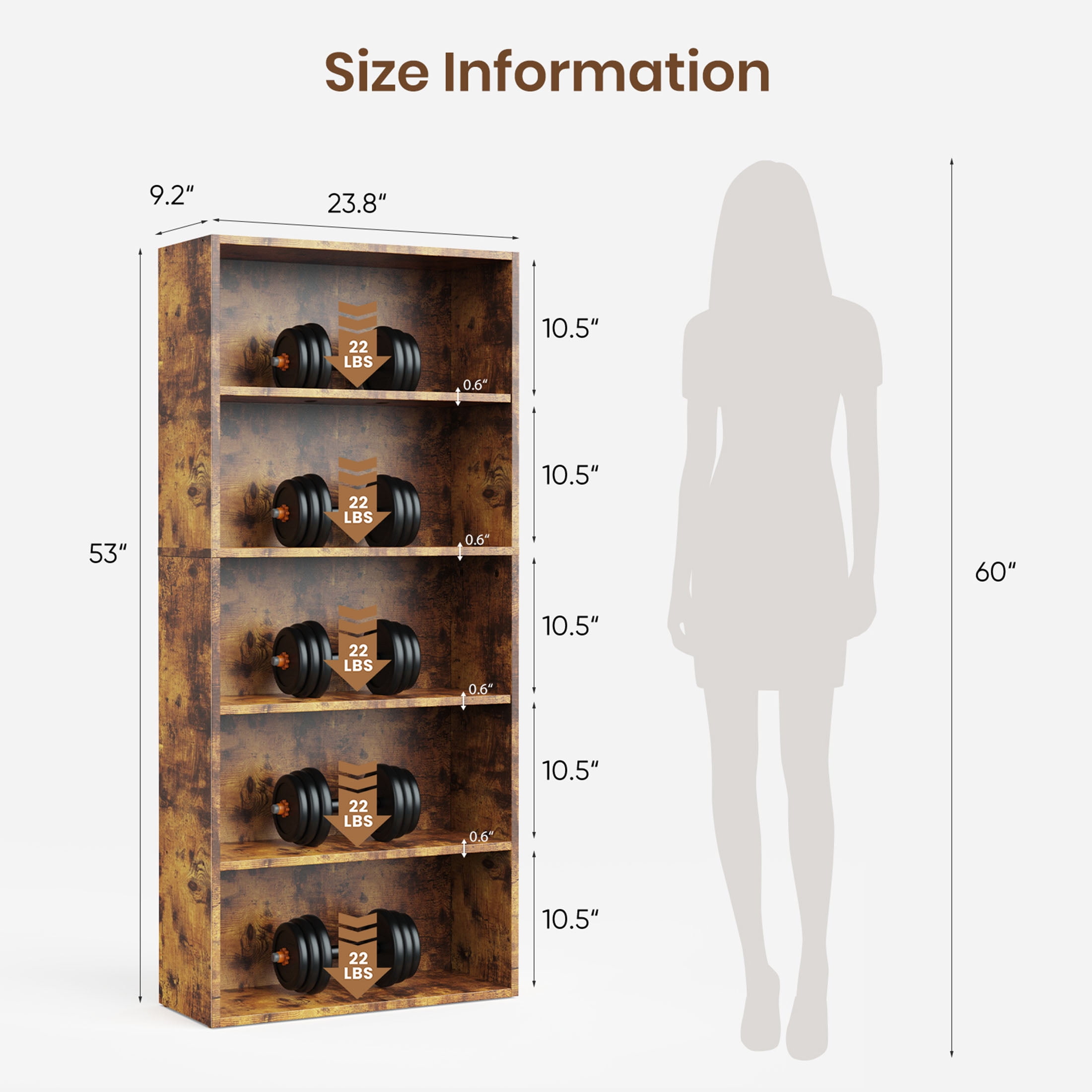 JIOABL 5 Tiers Bookcase, 53 Inch Large Storage Tall Standing Bookshelf with Adjustable Shelves for Home Office, Living Room, Bed Room, Rust