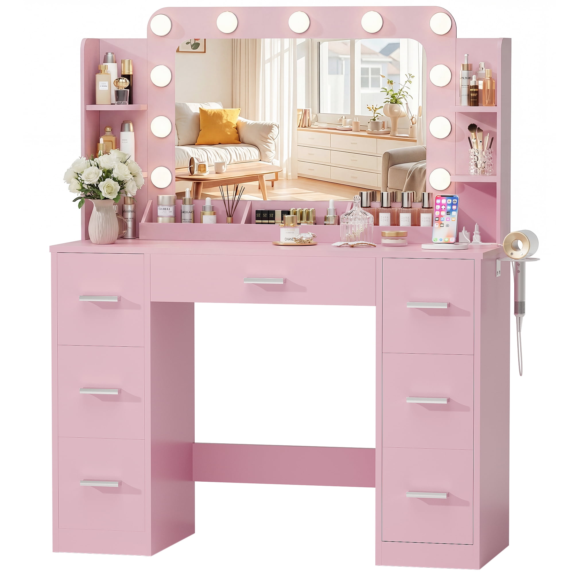 Homall Vanity Desk with Lights & Mirror, Makeup Vanity Set with Power Outlet & Storage Drawers Shelves for Bedroom, Pink