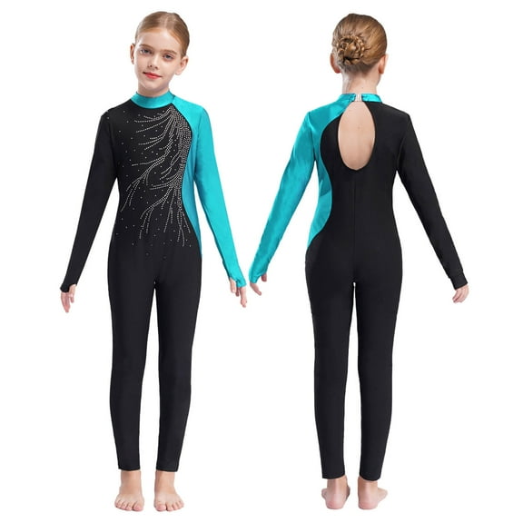 iiniim Girls Long Sleeve Full Body Unitard Gymnastics Leotard Rhinestone Ballet Dance Jumpsuit 4-16