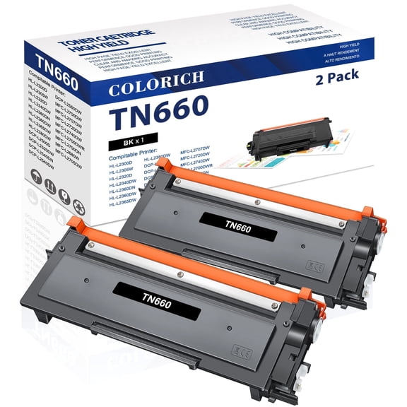 Colorich TN660 Black Toner Cartridge Compatible for Brother TN660 TN-660 TN630 TN-630 for HL-L2300D HL-L2305W HL-L2320D HL-L2380DW MFC-L2740DW MFC-L2707DW DCP-L2500D Printer Ink (2-Pack)