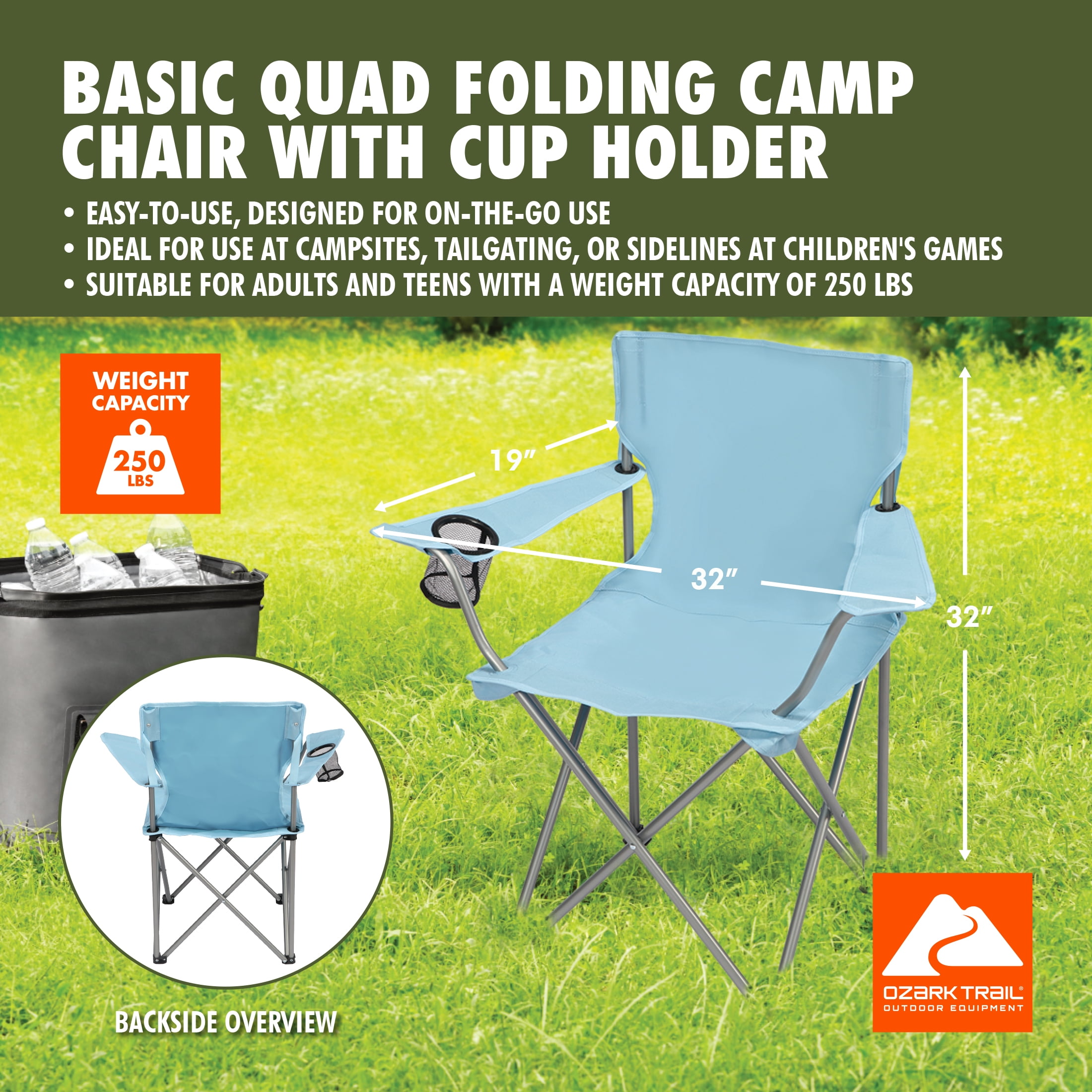Ozark Trail Quad Folding Camp Chair with Cup Holder, Sky Blue