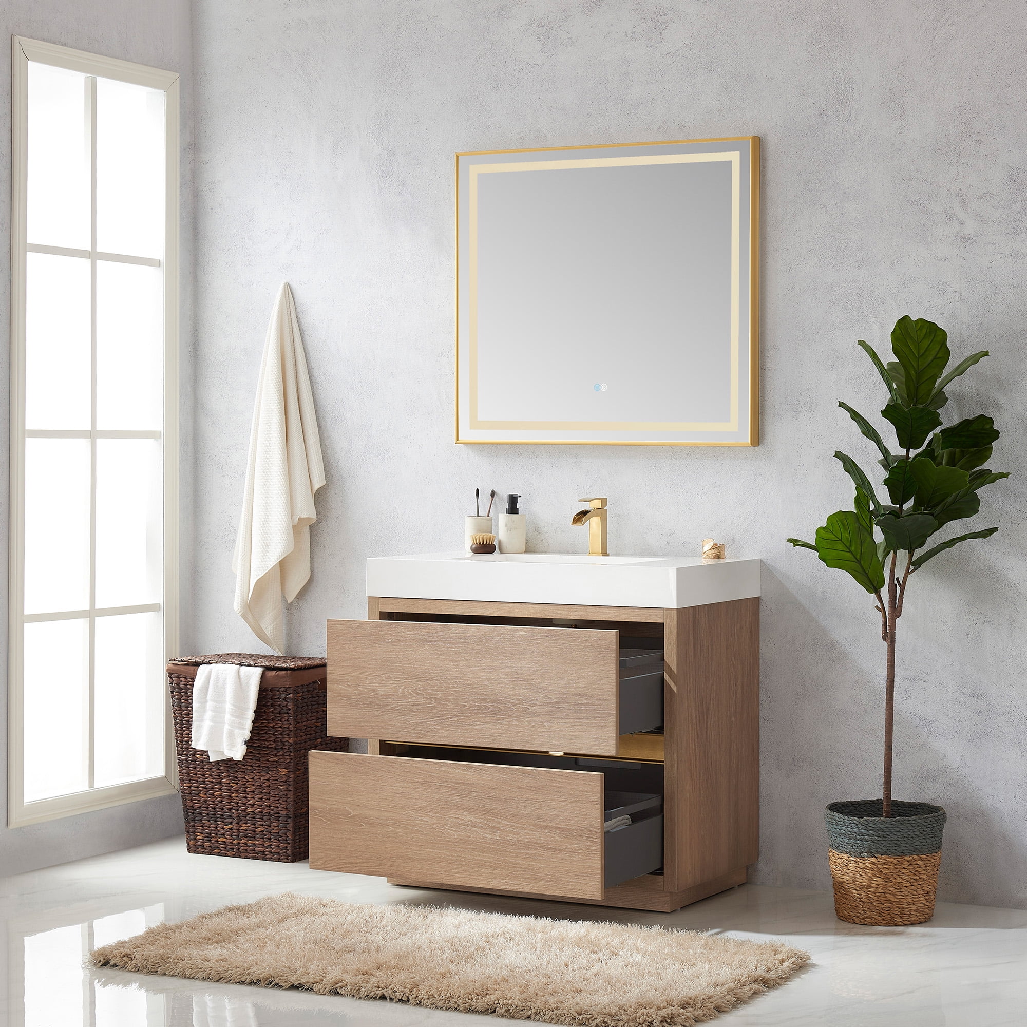 Huesca 36" Single Sink Bathroom Vanity Natural Oak Wood White Top With Mirror