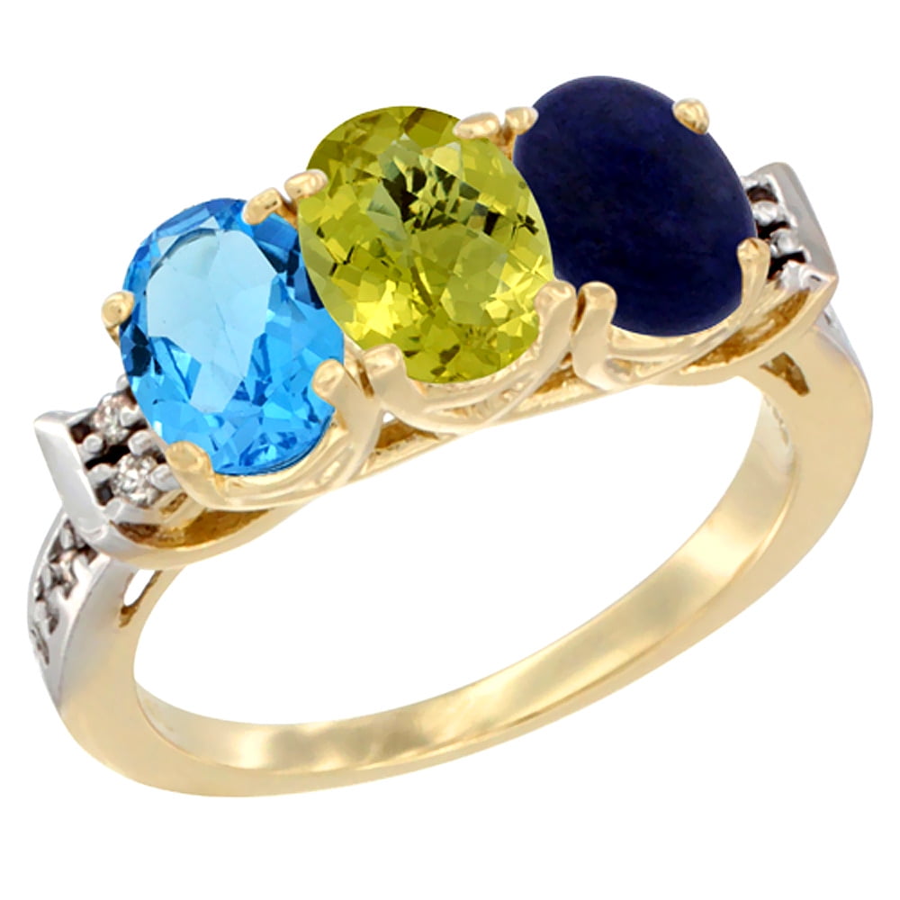 14K Yellow Gold Natural Swiss Blue Topaz, Lemon Quartz & Lapis Ring 3-Stone 7x5 mm Oval Diamond Accent, sizes 5 10 by WorldJewels