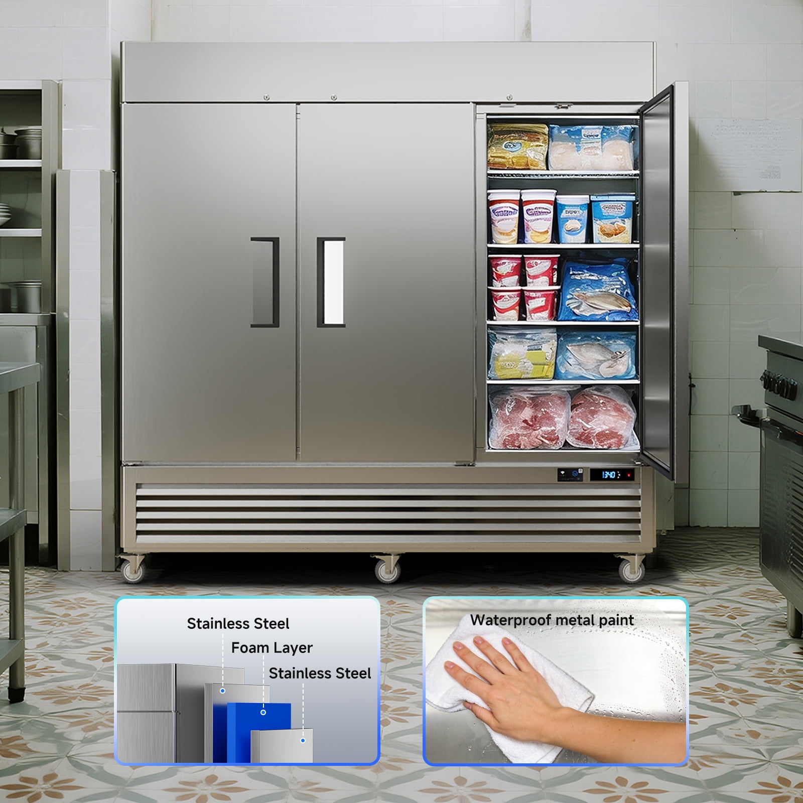 VEECOOL Commercial Upright Freezer WiFi-Enabled with 12 Shelves, 82" Bottom Mounted Solid Door Reach in Freezer, Stainless Steel, Auto Defrost, LED Lighting, Bottom Mounted, ETL&ETL Sanitation