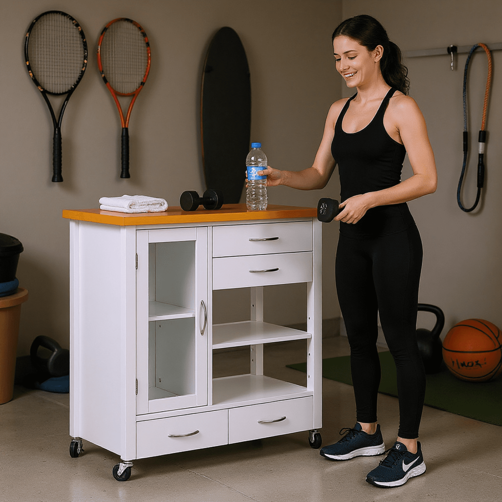 Homy Casa Mobile Garage Storage Cabinet with Drawers, Shelves, and Lockable Wheels, White