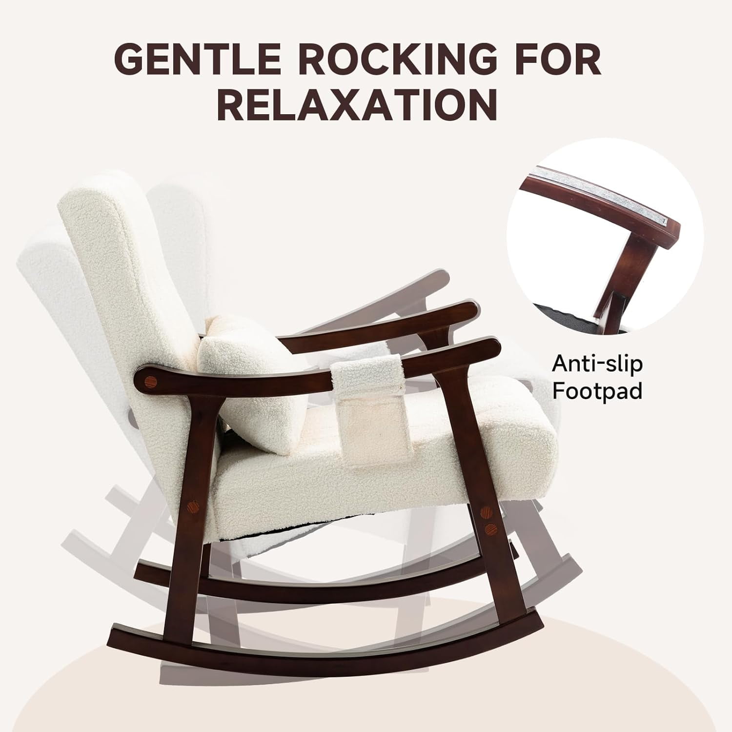 Upholstered Rocking Chair with Massage Lumbar Support,Page 2 Glider Chair with Side Pocket, Nursery Rocker with High Backrest,Rubber Wood Legs, Rocking Accent Armchair for Living Room Bedroom Nursery