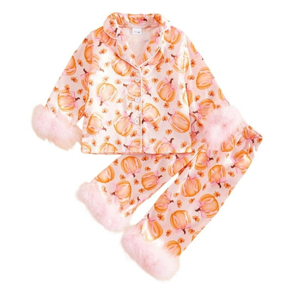 Weebloom Halloween Baby Girls Pajamas Cozy Flannel Pajama With Bowknot Pumpkin Print Lapel Two Piece Outfit Sleepwear Nightwear Pjs Loungewear White 18-24 Months