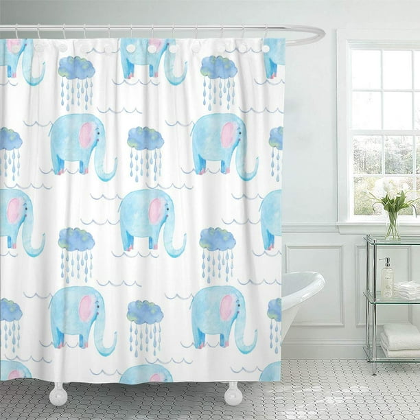 Cynlon Cute Elephant Pattern Seamless Watercolor Background Blue Cartoon Character Bathroom