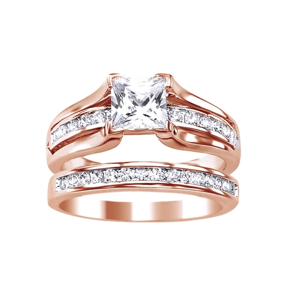AFFY Princess Cut White Cubic Zirconia Wedding Ring Set In 14k Rose Gold Over Sterling Silver