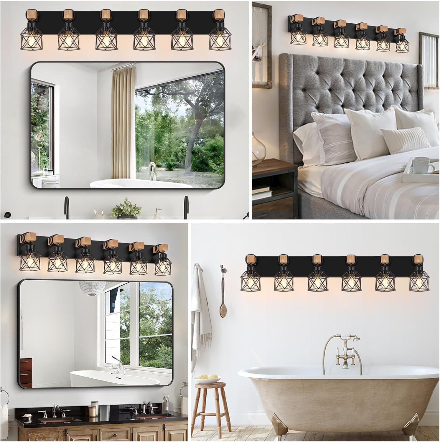6-Light Farmhouse Bathroom Lighting Fixtures, Wood Black Vanity Lights Over Mirror, Rustic Wall Sconces Lighting with Metal Lampshade, Vintage Wall Lights for Bedroom, Living Room, Hallway