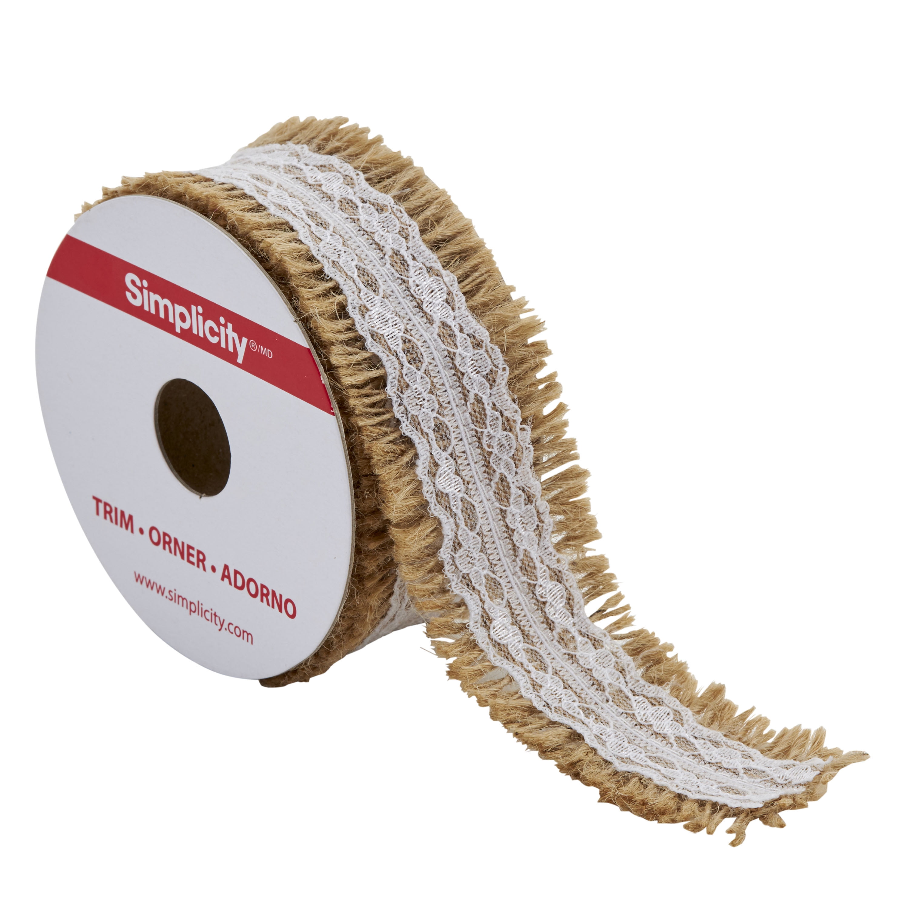 Simplicity Trim, Natural 1 1/2 inch Fray Jute with White Lace Center Trim Great for Apparel, Home Decorating, and Crafts, 3 Yards, 1 Each