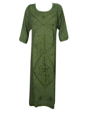 Mogul Women's Long Maxi Dress Tunic Green Enzyme Wash Rayon Comfy Embroidered Free Spirit Beach Cover Up Caftan
