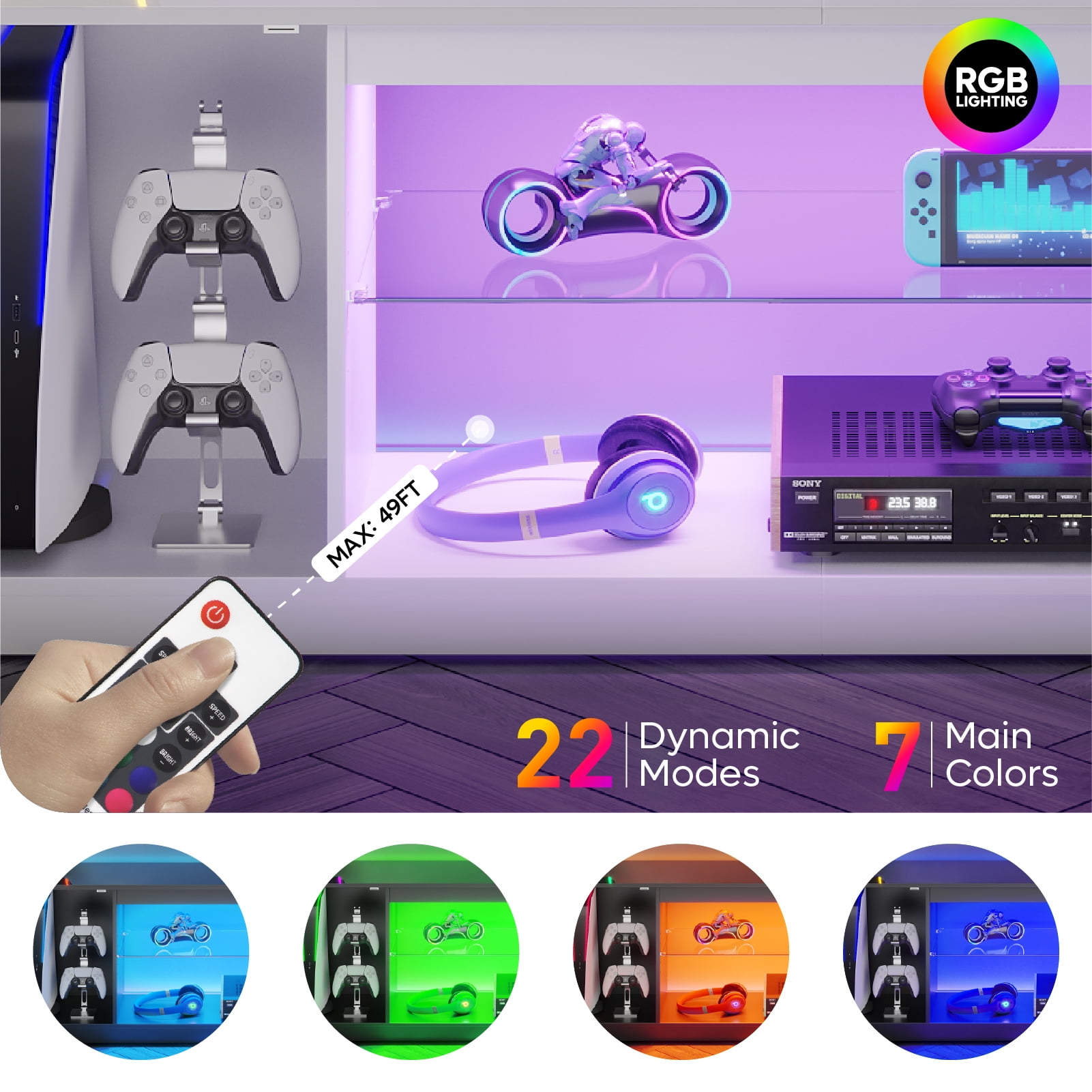 Bestier High Glossy TV Stand for 65 inch TVs with LED Lights, Fluted Entertainment Center with Storage Cabinet & Shelves,TV Console Table for PS5,White