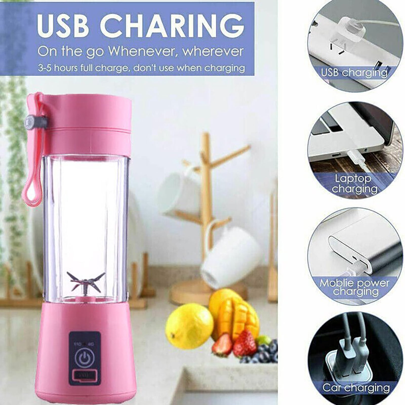 Hinzonek Portable Mini Juicer Cup, Personal Blender 6 Blades Mixer Fruit Machine for Smoothies Shakes, Pink, 380ml