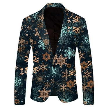 Men Christmas Snowflake Santa Printed Pocket Lapel Button Suit Jacket Suit