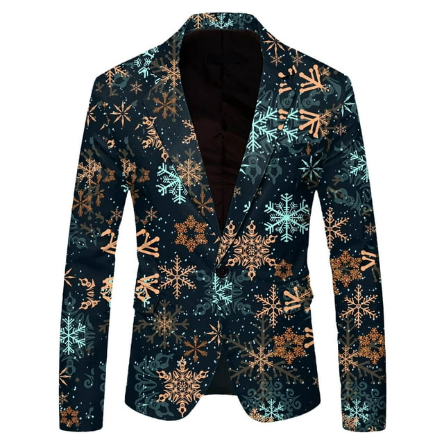 VBARHMQRT Mens Lightweight Jackets Men Christmas Snowflake Santa Printed Pocket Lapel Button Suit Jacket Suit
