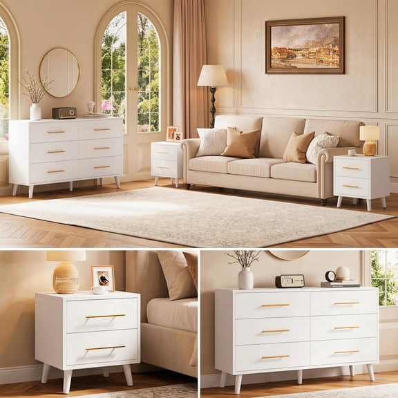 Noelse 3 Piece Bedroom Furniture Set with Storage, 6 Drawer Dresser & 2 Nightstands, Modern Wood Organizer with Metal Handles for Small Space Bedroom, White