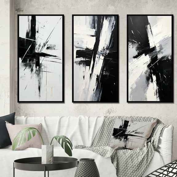 Designart "Minimalism on the Other Side Black & White Abstract" Abstract Painting Framed Wall Art Set Of 3 - Black Modern Frame Canvas Set For Living Room Decor