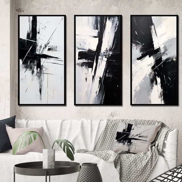 Designart "Minimalism on the Other Side Black & White Abstract" Abstract Painting Framed Wall Art Set Of 3 - Black Modern Frame Canvas Set For Living Room Decor