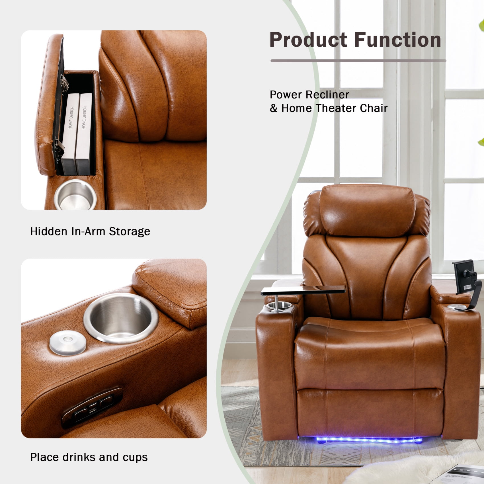 Harper & Bright Designs Electric Power Motion Recliner Chair with USB Charging & Bluetooth Speaker, Power Lift Recliner w/ Hidden Storage, Cup Holders, Home Theater Living Room Chair, Light Brown
