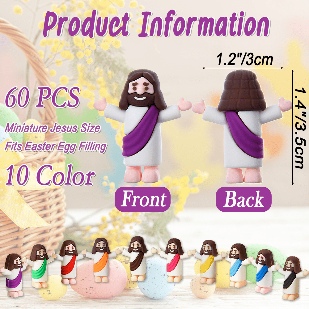 60 Pcs Little Jesus Figurine Miniature Jesus Doll Tiny Jesus Figurine to Hide and Seek Classic Religious Gifts Christ Savior Jesus for Sunday Easter Egg Stuffers Baptism Gift(60,Multicolor)