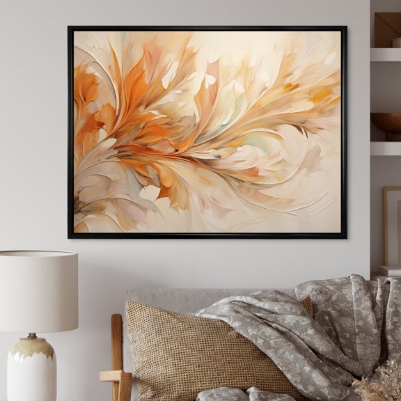 Designart "Whirling Leaves in Beige and Yellow I" Abstract Botanicals Floater Framed Canvas Art Print