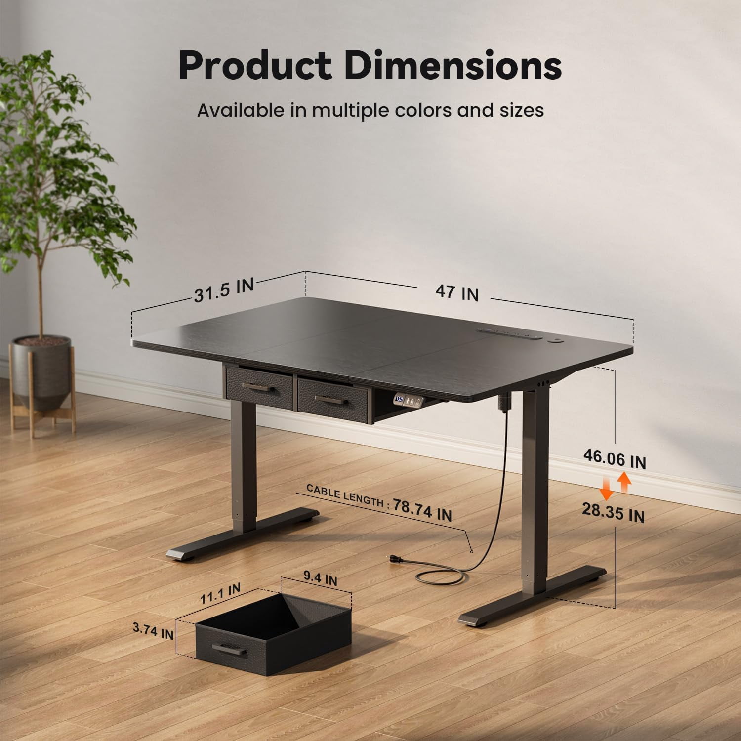 HLDIRECT Electric Standing Desk with 2 Drawers & Power Outlets & USB Ports, 47×31.5 inches Height Adjustable Desk with Storage, Sit Stand up Desk for Home Office, Black