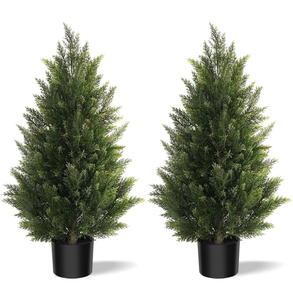 OLIVIVI Artificial Cedar Tree 3FT Tall Faux Silk Plant for Home Office Decor Indoor Outdoor Fake Lifelike Potted Tree with Wood Branches 2 pack
