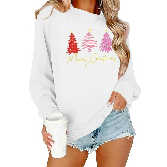 ABATAB Chandails de Noël pour Femmes à Col Rond à Manches Longues avec Imprimé d'Arbre de Noël, Chandails Molletonnés à Enfiler, Hauts Mode d'Automne, Vêtements