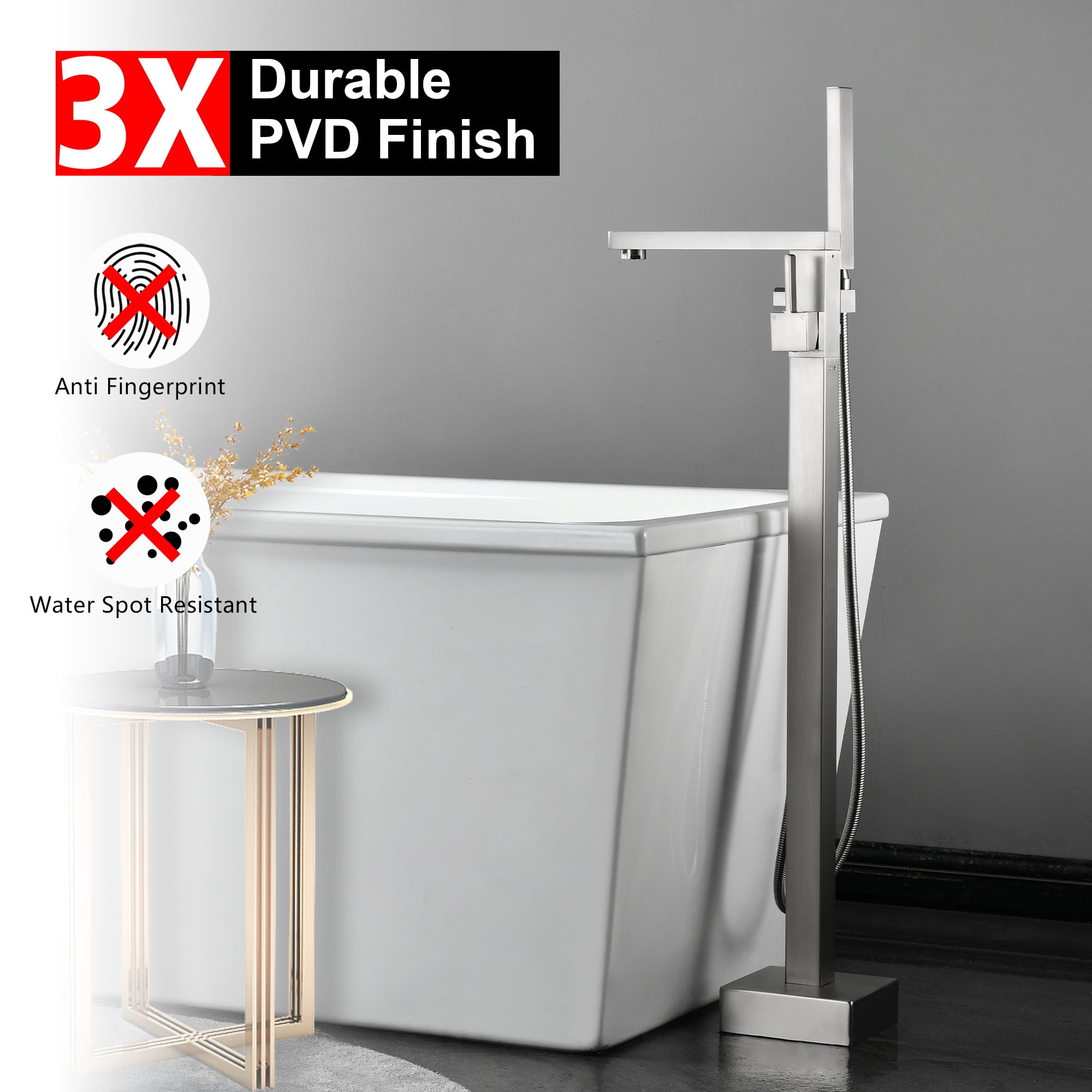 SUMERAIN Modern Bathroom Floor Mount Bathtub Faucet Brushed Nickel Finish, High Flow 360-degree Swivel Spout Freestanding Tub Filler Faucet with Hand Shower
