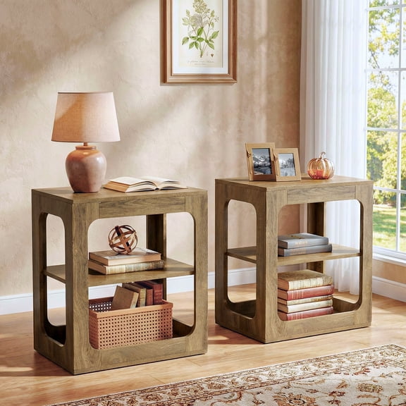 Finmind Set of 2 End Table with Storage Shelves, 3-Tier Side Table with Sturdy Base for Living Room, Bedroom, Rustic Brown