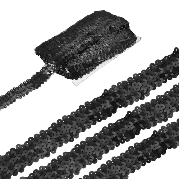 Uxcell 11 Yards 1.2 Inch Elastic Sequins Trim 3 Row Flat Sequin Strip Paillette Fabric Ribbon for Crafts DIY Fringe Sewing Costume Dress, Black