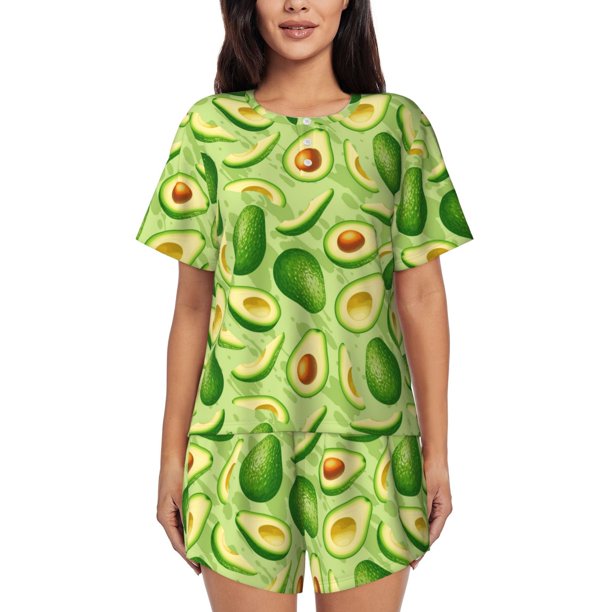 Fotbe Green Avocado Conjunto de Pijama Estampado para Mujer, 2 Piezas, Ropa de Dormir con Camiseta de Manga Corta y Shorts Suaves-Large