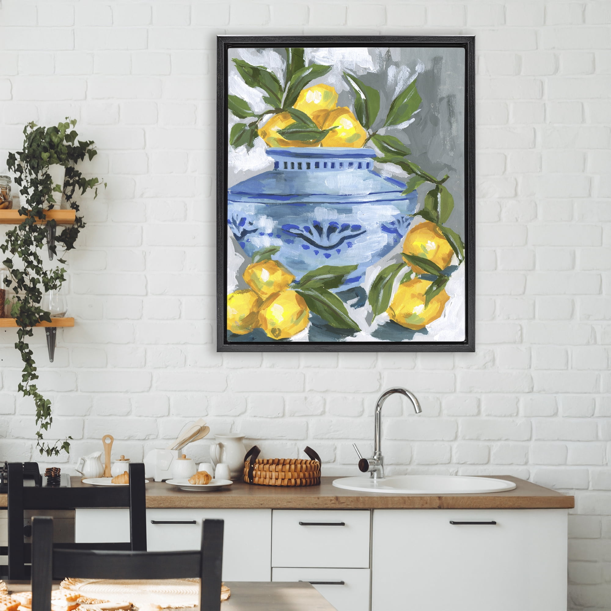 Stupell Industries Indigo & Lemon Vase Black Framed Floater Canvas Wall Art, design by Melissa Wang