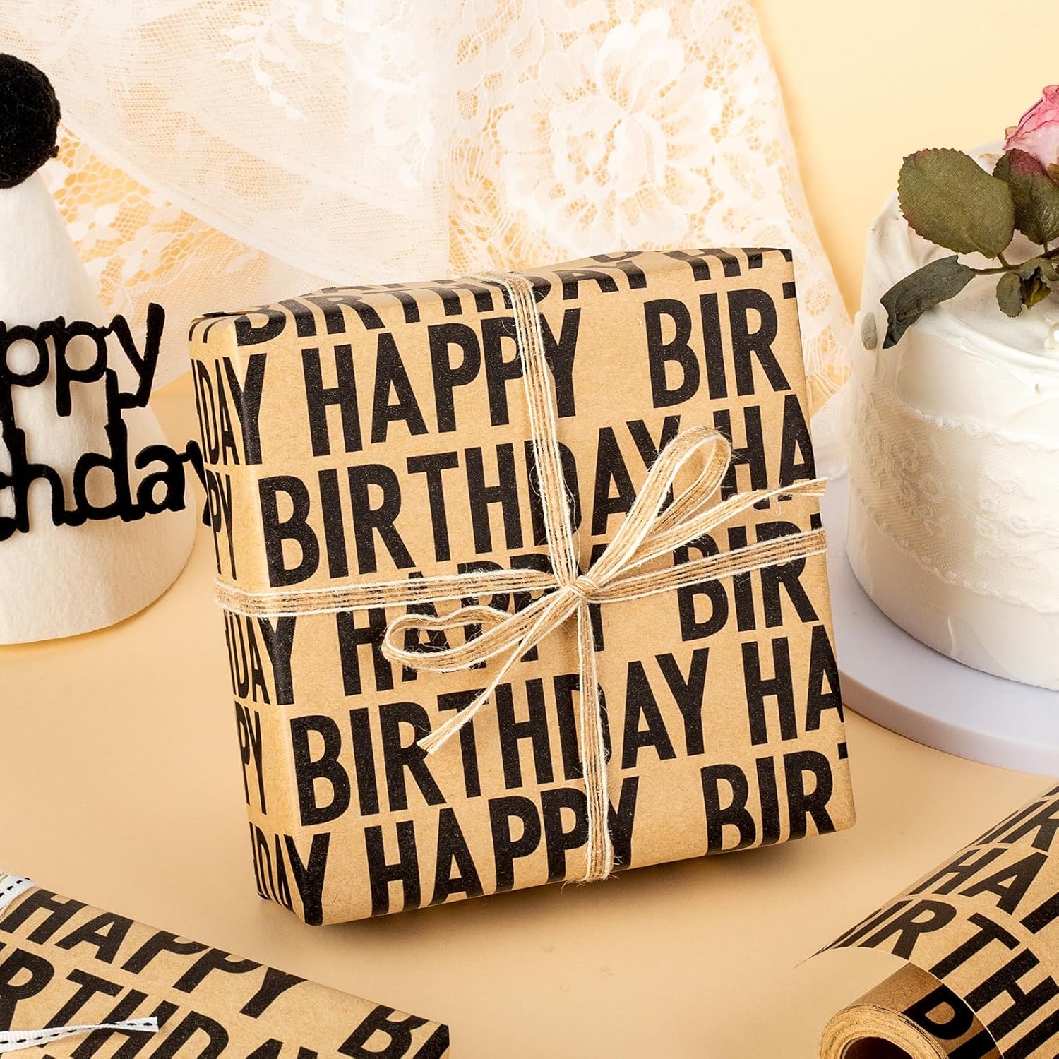 Birthday Kraft Wrapping Paper Roll, Mens Gift Wrapping Paper - 17 Inch x 33 Feet - Vintage Style Brown Black Happy Birthday Gift Wrap Thick Present Sheet for Holiday, Party, Father's Day