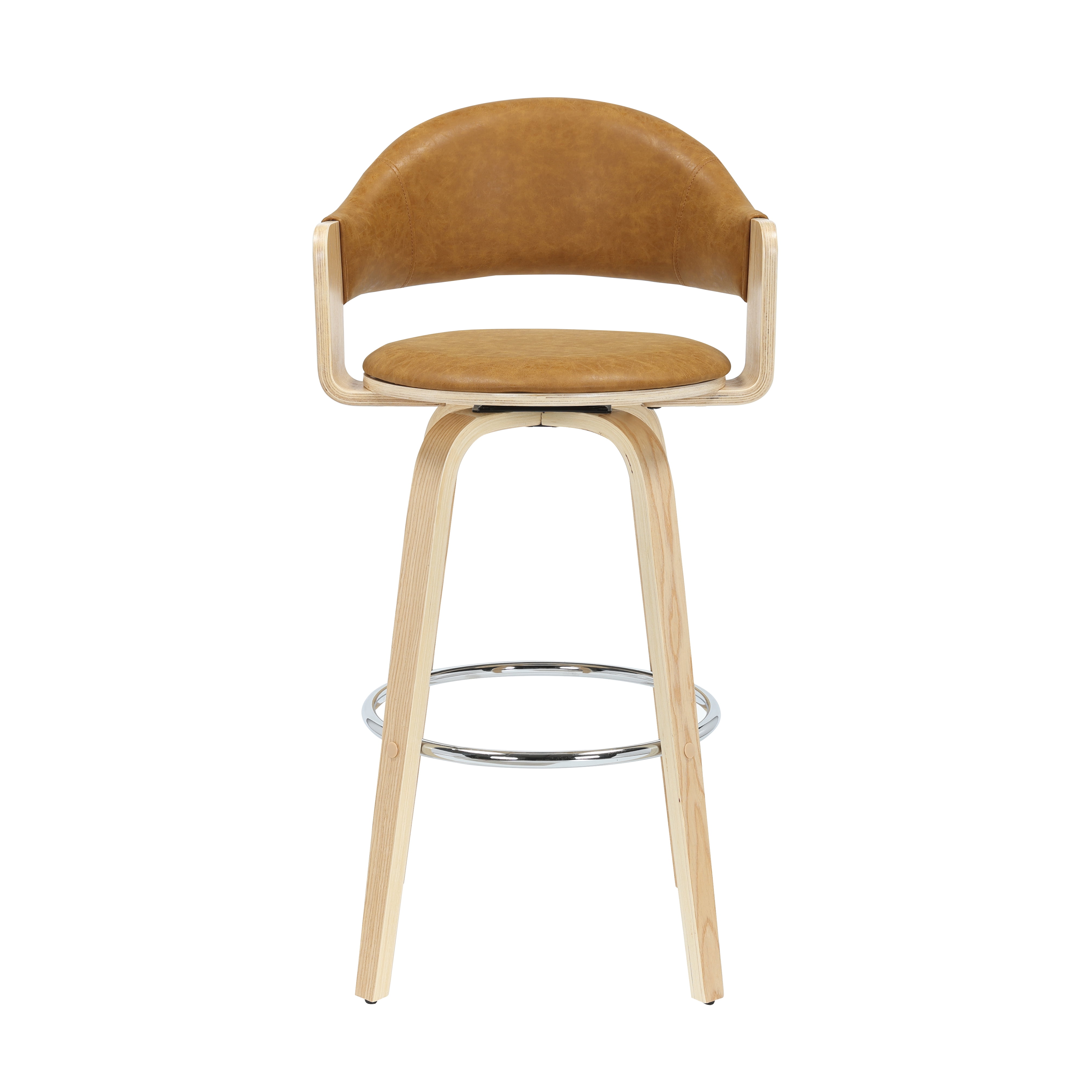 Daxton 40 in. H Swivel Bar Height Camel Round Back Wood Bar Stool with Faux Leather Seat Set of 3