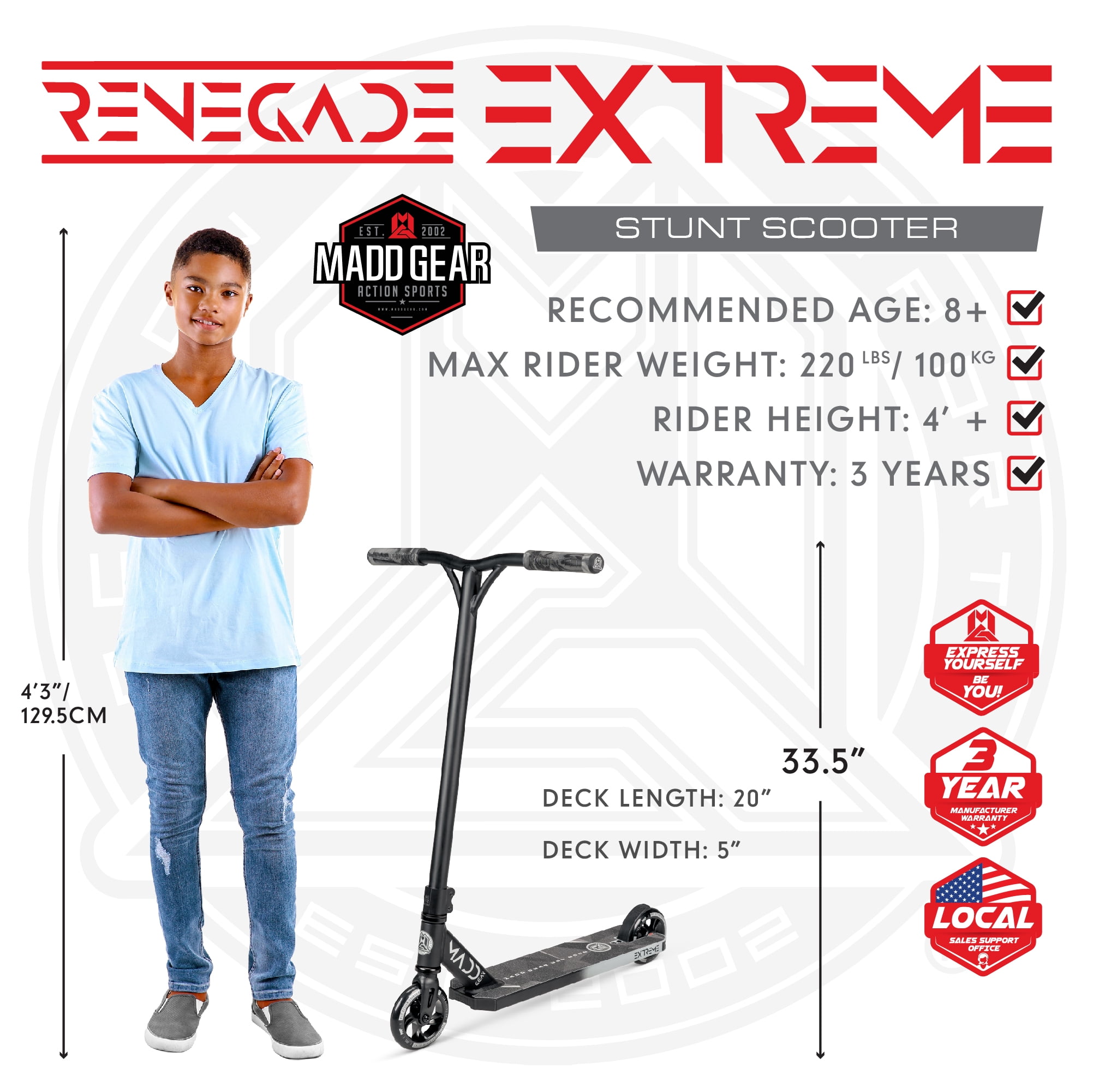 Madd Gear Renegade Extreme 20" x 5" Pro Scooter - Extreme Black- For Ages 8+ Unisex