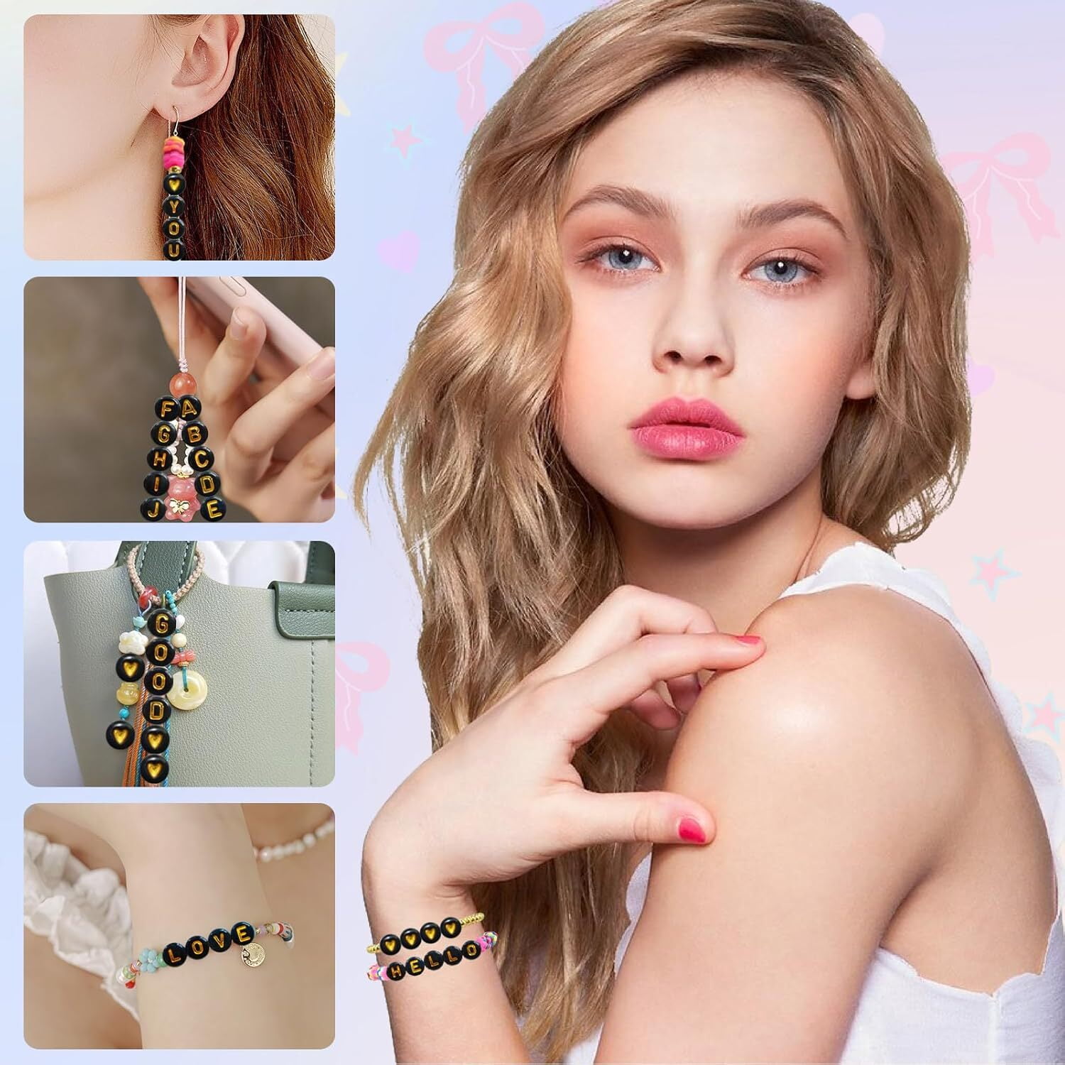 1400 Pieces Round Alphabet Letter Beads A-Z 4x7mm Black Acrylic with Colorful Letter and Crystal Line for Jewelry Making, Style 3