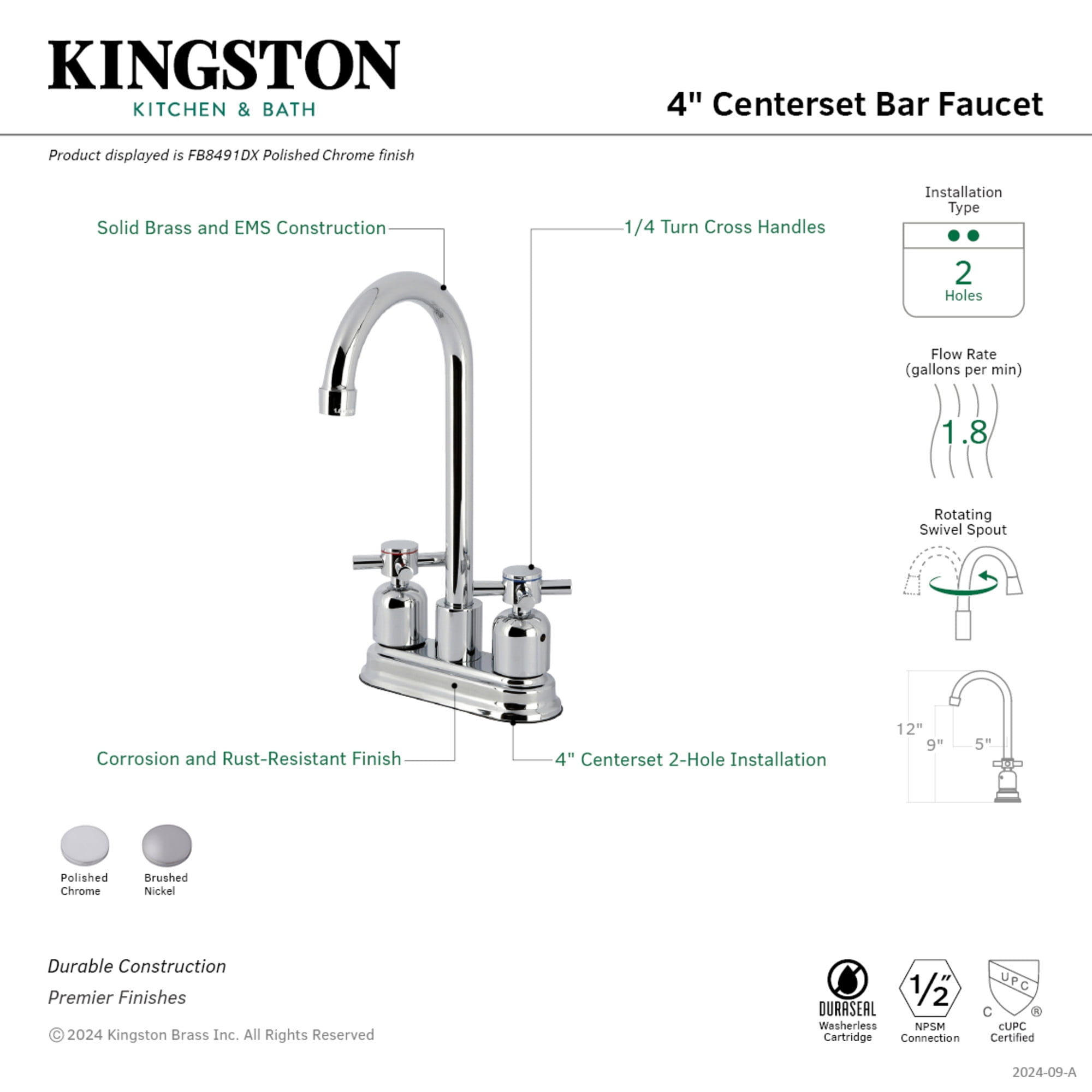 Kingston Brass FB8498DX Concord Double-Handle 4" Centerset High-Arc Bar Faucet, Brushed Nickel