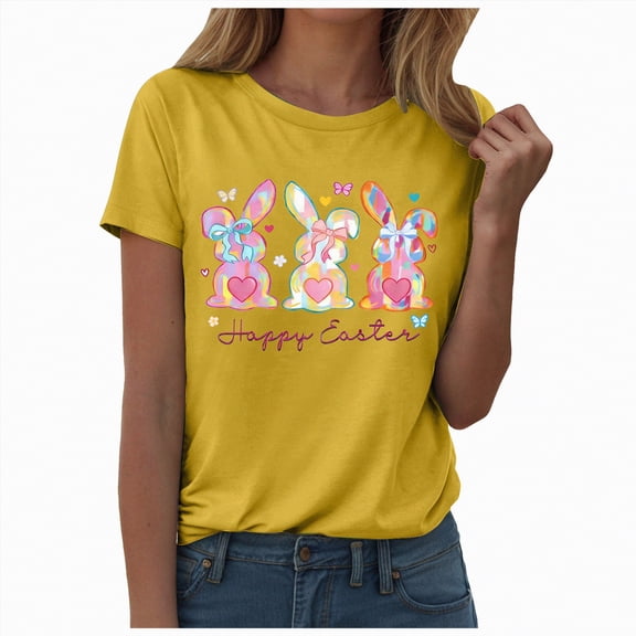 UngA Easter Shirts for Women Cute Rabbit Print Tshirt Casual Short Sleeve Tee Top Bunny Graphic Easter T-Shirts for Women (Yellow,M)