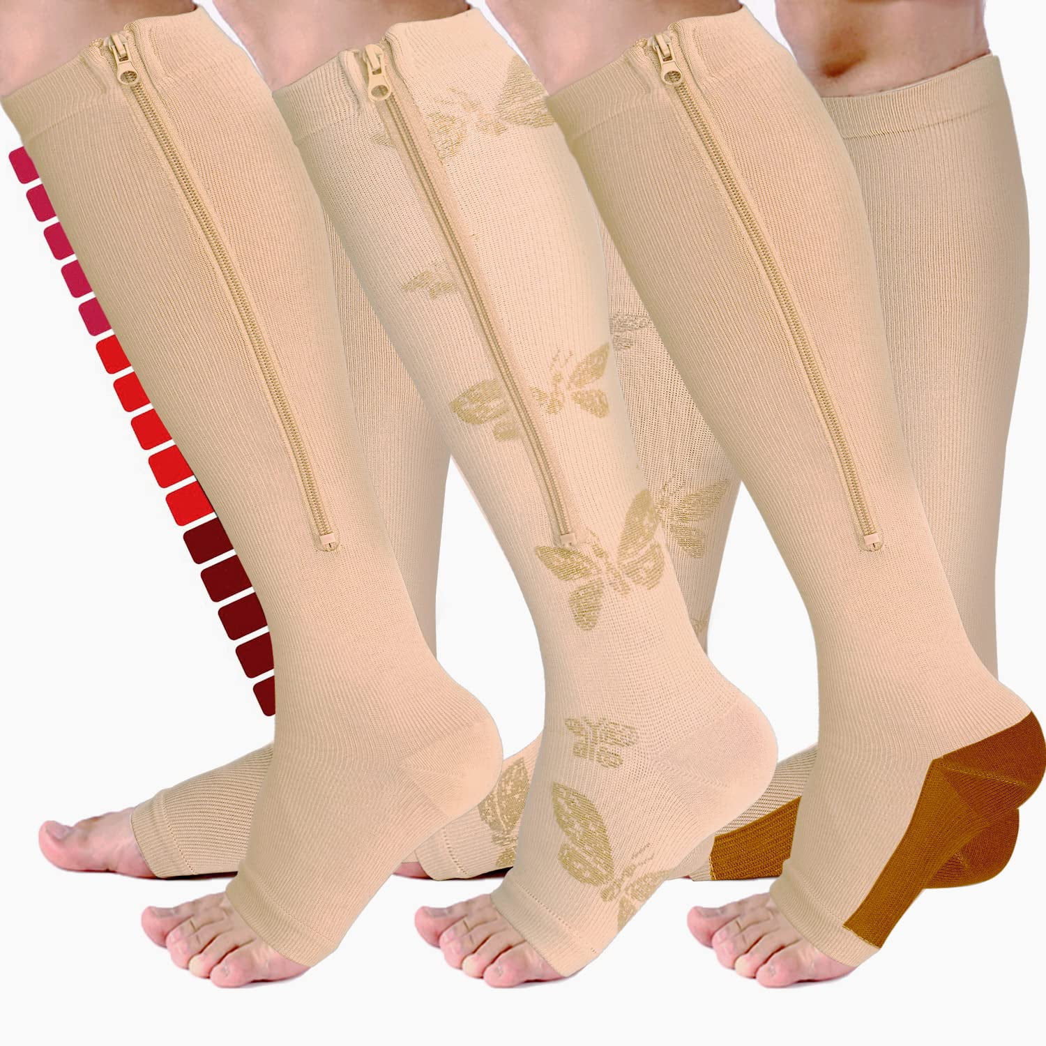 WILLED 3 Pairs Copper Zipper Compression Socks 1520 mmHg Calf Knee