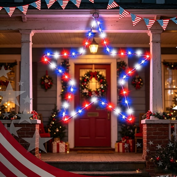 Orangide Independence Day Iron Forged LED Star Lights, Red White Blue Glowing Pentagram Window Decor, 8 Modes with Remote, for Patriotic Fourth of July
