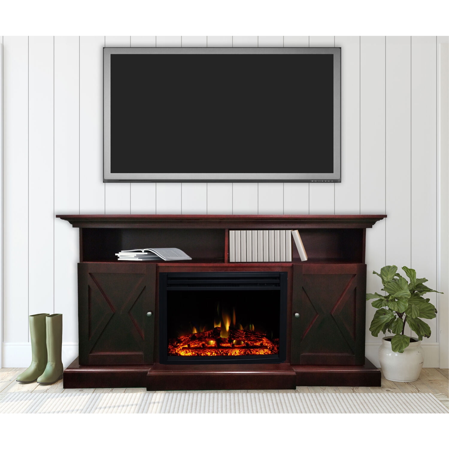 Cambridge 62-in. Summit Farmhouse Style Electric Fireplace Mantel with Deep Log Insert, Mahogany