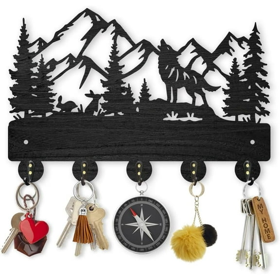 Wolf Rabbit Forest Coat Hooks Wood Animal Moutain Key Holder Wall Mount 11.8×7.9inch Key Hanger Wall Art Decor 5 Alloy Hooks Black Key Rack Organizer for Gift Entryway Hallway Kitchen Room