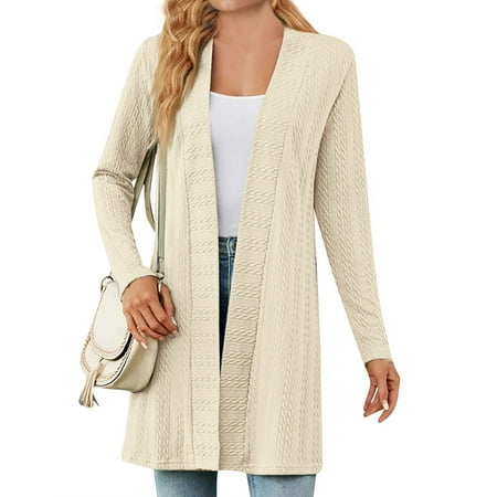 Biziza 2025 Beige Cardigan Sweaters for Women Solid Color Basic Loose Long Button Down Chunky Sweater Long Sleeve Open Front Cardigan